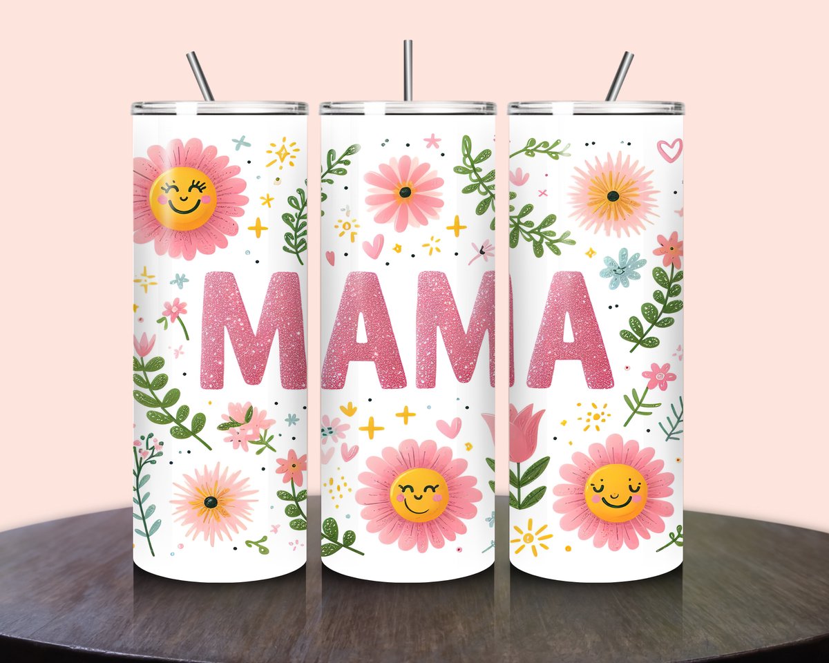 Jacintha's kadowinkeltje - Tumbler mama bloemen - Roestvrijstalen Tumbler - Geïsoleerde drinkbeker - 600ml - Warme en koude dranken - RVS rietje - To go beker - Kinderen - Volwassenen - moederdag