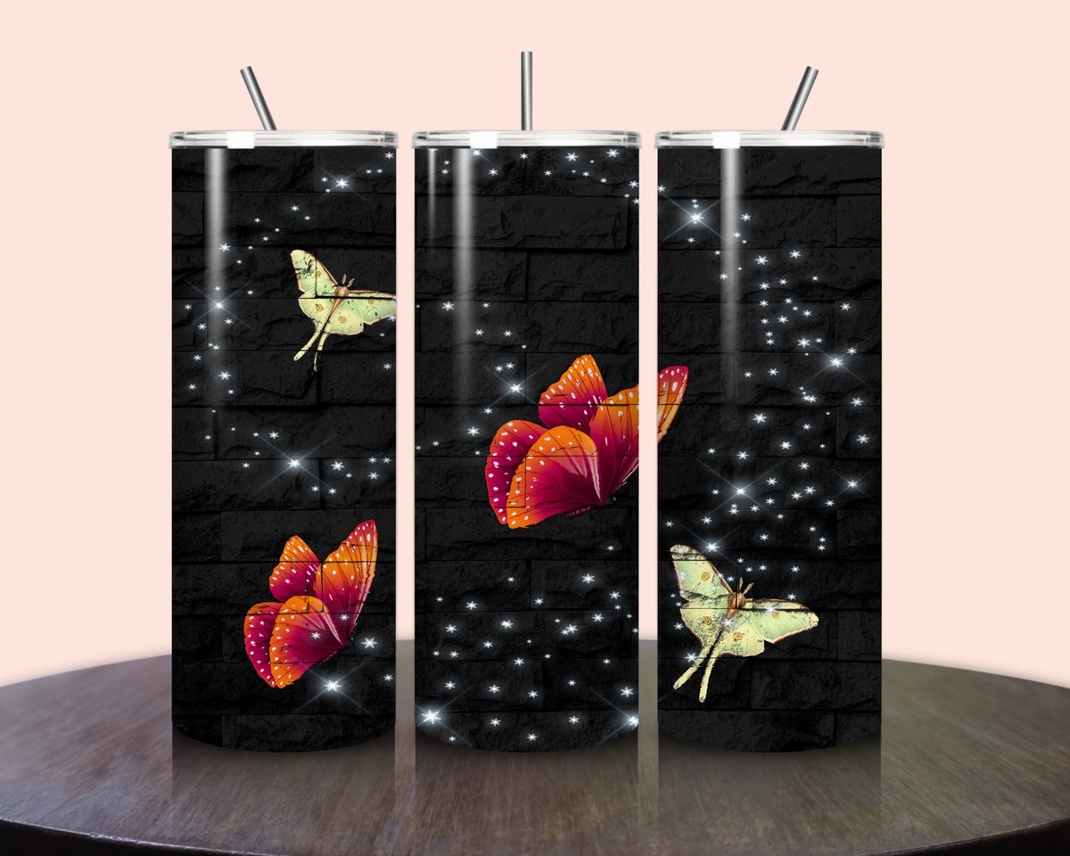 Jacintha's kadowinkeltje - Tumbler vlinder in de nacht - Roestvrijstalen Tumbler - Geïsoleerde drinkbeker - 600ml - Warme en koude dranken - RVS rietje - To go beker - Kinderen - Volwassenen
