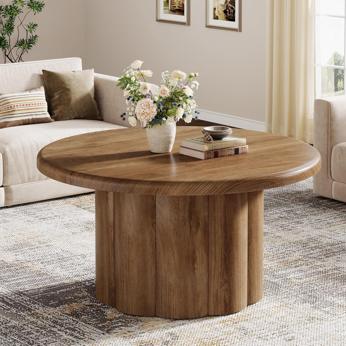 Ronde Salontafel 80x80x45,5 cm – Moderne Design Koffietafel met Geribbeld Trommel Onderstel en Houtlook Tafelblad – Stijlvolle Woonkamertafel / Bijzettafel – Bruin – Dader