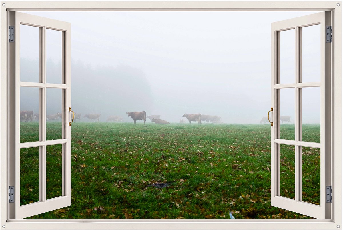 Tuinposter koeien in mist – raam/doorkijk effect – 120x80 cm tuindoek voor buiten – landelijke wanddecoratie schutting – UV & weerbestendig