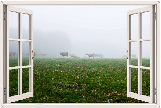 Een open, wit kozijn met uitzicht op een groene weide vol koeien in lichte mist. De poster is geïsoleerd op een witte achtergrond.