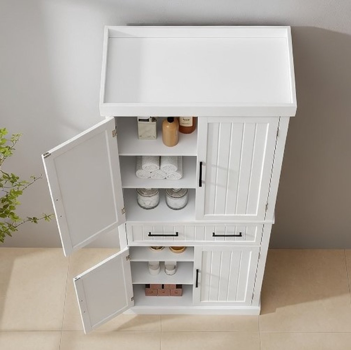 SpaceMax Voorraadkast met Lade – Hoge Keukenkast 183,5 cm – Wit MDF Opbergkast met Verstelbare Planken & Kantelbeveiliging – Multifunctionele Kast voor Keuken, Woonkamer, Badkamer & Eetkamer Ganeey
