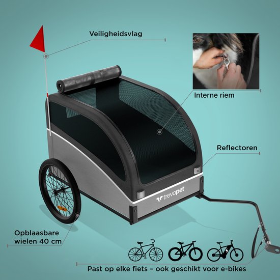 Hondenfietskar in detail: veiligheidsvlag, interne riem, reflectoren, opblaasbare wielen van 40 cm. Past op elke fiets, ook e-bikes.