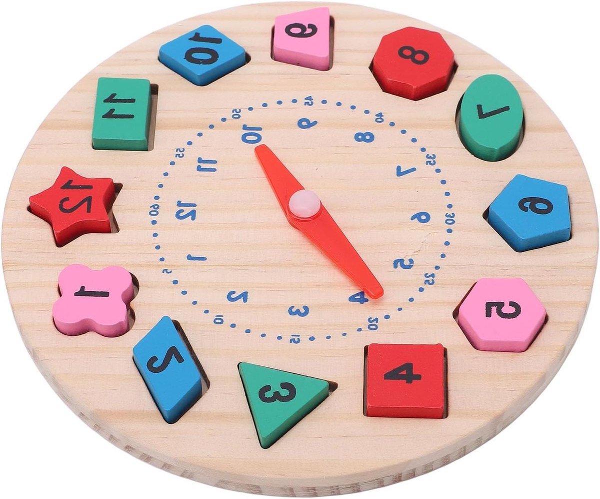 Houten Vorm Klok - Educatief Speelgoed - Tijd Leren - Inclusief Blokken Kaarten - 16 x 16 x 3 cm