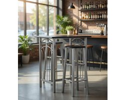 3-Delige Compacte Barset Zwart - Bartafel Hout en Staal + 2 Barkrukken - Industrieel Design - Voor Thuis, Keuken & Balkon - Ganeey