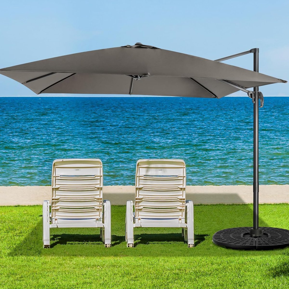 Zweefparasol 300x300 cm Vierkant – 360° Draaibaar, Kantelbaar met Zwengel, Waterdicht UV-Beschermend Polyester, Grote Terrasparasol voor Tuin, Balkon & Horeca – Grijs – Faisal