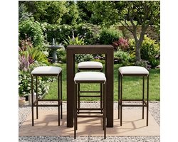 Luxe 5-Delige Tuinbarset – Poly Rattan Bartafel met 4 Comfortabele Barkrukken incl. Kussens – Weerbestendige Outdoor Barset met Stalen Frame – Bruin – Voor Tuin, Terras, Balkon & Horeca - Ganeey