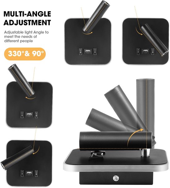 Stervia Nachtlampje - Set van 2 - Leeslampje - LED - Met USB Poort - 330° Draaibaar Lampje - 3000K Licht - Zwart - 14.5 x 14.5 cm van Stervia — afbeelding 5