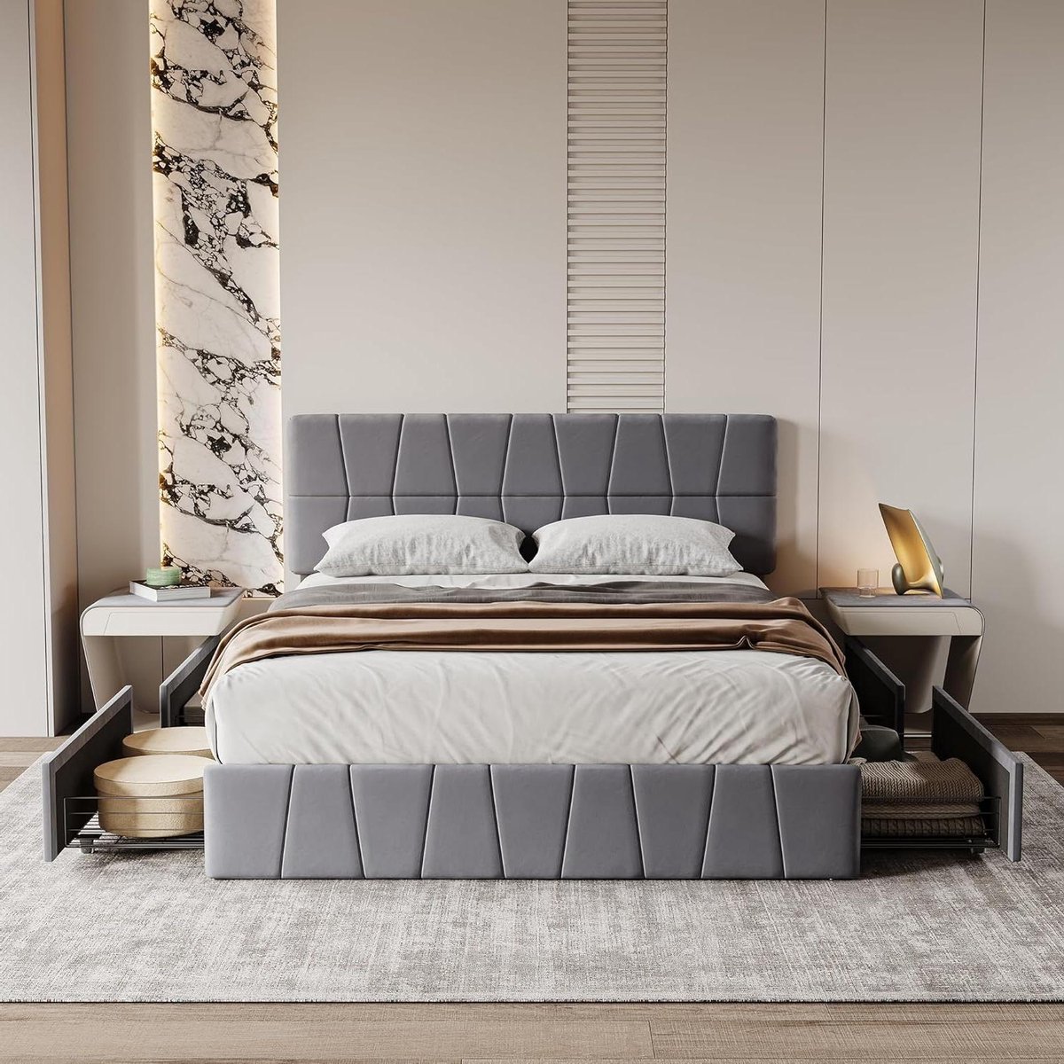 Gestoffeerd Bed - Tweepersoonsbed - Opbergen en Slapen - Vier Lades - 160x200 cm - Grijs