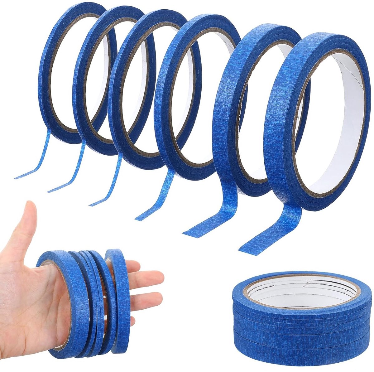 6 Rollen Maskertape, Blauw, Fijne Lijn Tape voor Schilderen, Zelfklevende Crepe Tape voor Auto, School, Kantoor en DIY Projecten (3/5/10/12mm x 20m)