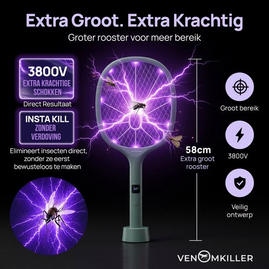 VENOMKILLER Tapette à mouches électrique 2-en-1 – Lampe anti-moustiques – Piège à moustiques - Rechargeable USB – 3800V – Lampe UV anti-insectes - Piège à mouches - Avec écran