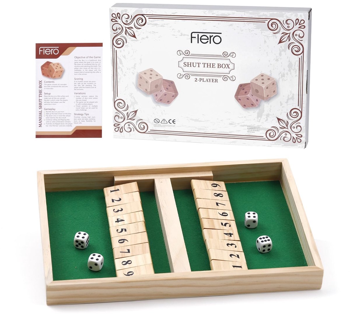 Flero Shut The Box, Houten Dobbelspel, Klepspel - 2 Spelers Duel Bordspel met Scheidingswand en 4 Dobbelstenen - Montessori Tactiek- en Rekenspel voor Kinderen en Volwassenen vanaf 3 Jaar - Reisspel, Cadeau