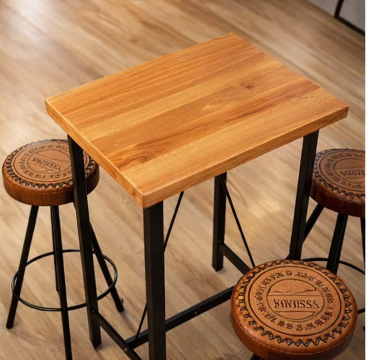 Industriële 3-Delige Barset – Bartafel van Massief Acaciahout met 2 Barkrukken – Handgemaakt Bistro Meubilair met Echt Leer & Canvas – Vintage Stijl voor Keuken, Bar, Restaurant & Tuin-Ganeey