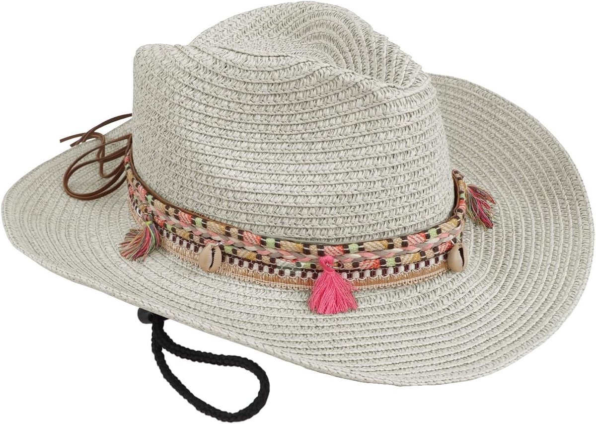 Unisex Cowboy Hoed van Stro voor Zomer, Strand en Reizen - UV Bescherming, Verstelbare Zonnehoed met Kwastjes en Western Stijl