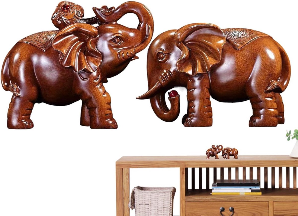Houten Olifanten Sculptuur - Paar Figuren - Woonkamer Decoratie - Handgemaakt Vakmanschap - 2 Stuks - Houtkleur