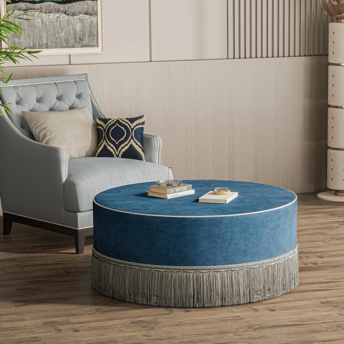 Ronde Poef - Voetenbank Salontafel - Woonkamer Decoratie - Zachte Fluweel Afwerking - 100 cm Diameter - Blauw
