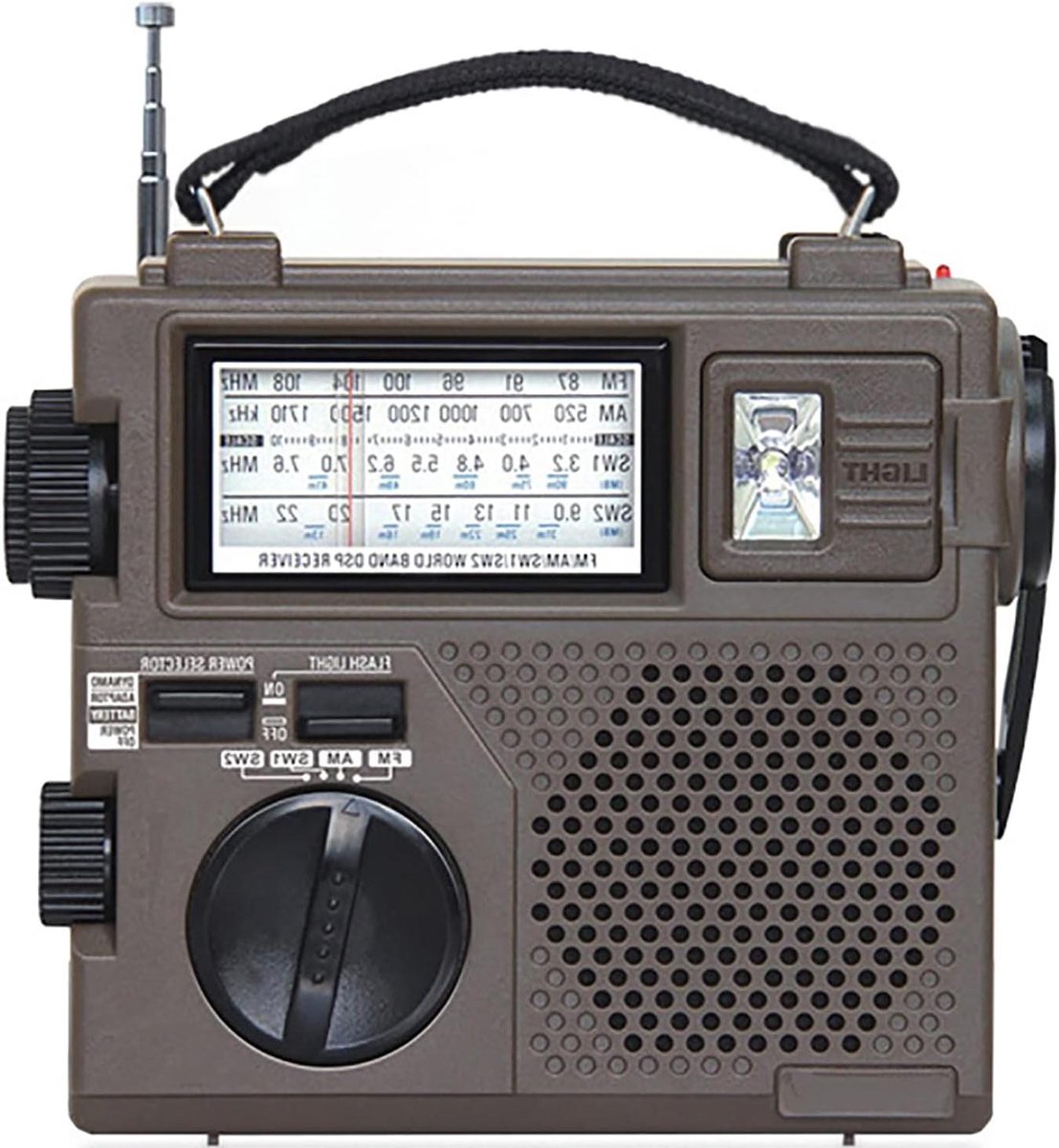 Draagbare Radio - Noodradio Zaklamp - Veilig Op Reis - Dynamo Oplader - 169x147x55 mm - Bruin