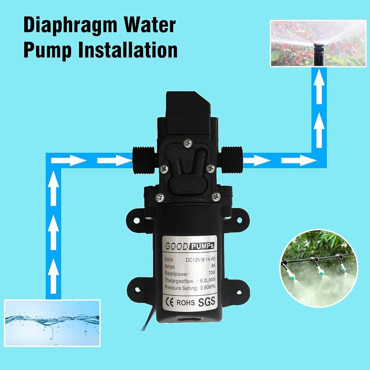 Allecto Plus - Zelfaanzuigende Waterpomp 12V 70W voor caravan en camper - 6L/min 0.9MPA - Elektrische sproeierpomp - Marine boot tuin - Hogedrukmembraan - Membranpomp thumbnail 8
