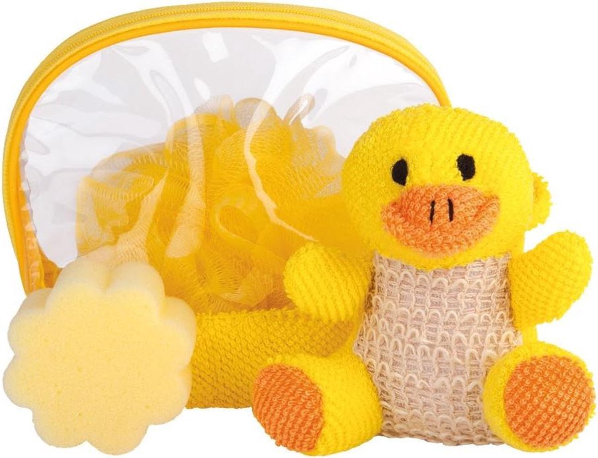 Cadeauset Kinderen - Toilettas Sponsjes - Op Reis Gaan - Transparante Tas - 16 x 13.5 x 8 cm - Geel