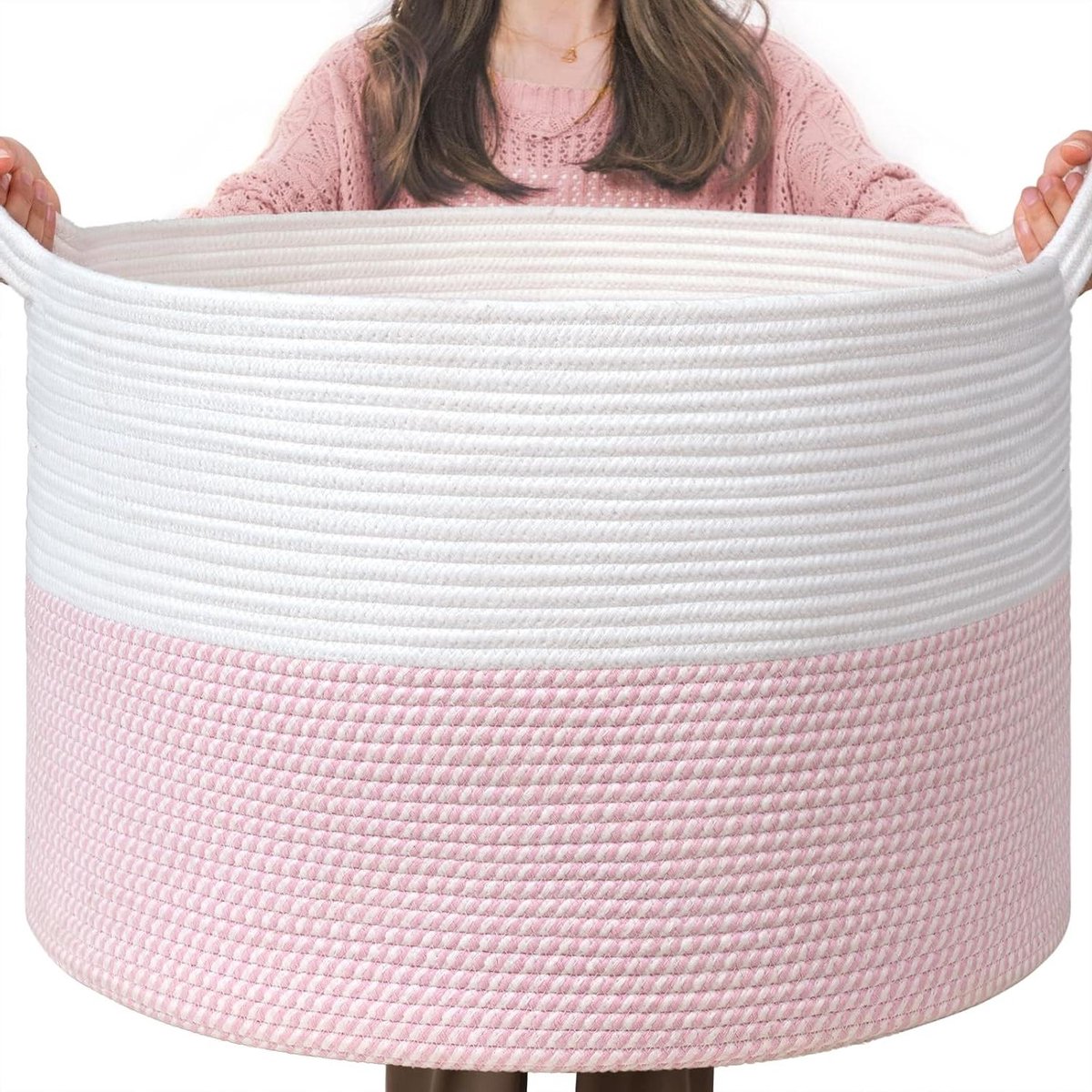 Grote opbergmand - Wasmand kinderkamer - Speelgoed organiseren - Zacht katoen touw - 55 x 35 cm - Roze