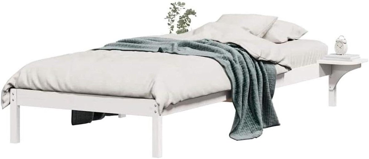 Bedframe met tafels - Houten bedombouw - Moderne slaapkamer - Geïntegreerde nachtkastjes - 80 x 210 cm - Wit