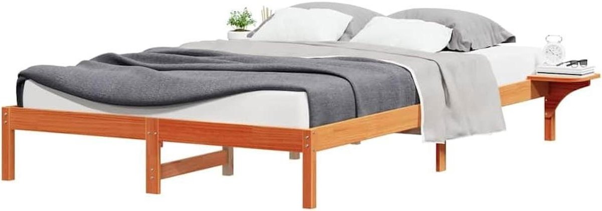Bedframe met tafels - Houten bedombouw - Slaapkamer inrichten - Geïntegreerde nachtkastjes - 160 x 220 cm - Wasbruin
