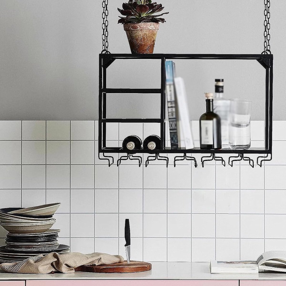 Wandgemonteerd Wijnrek met Glashouder en Opbergplank 120 x 30 x 40 cm – Industrieel Metalen Wijnrek voor Keuken, Woonkamer en Thuisbar – Zwart – HomebyNicole