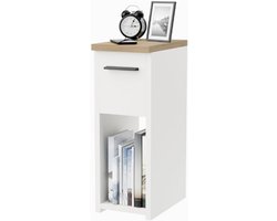 Nachtkastje met lade en handvat, smalle bijzettafel met opbergplank, wit/eik - B20 x H55 x D30,5 cm