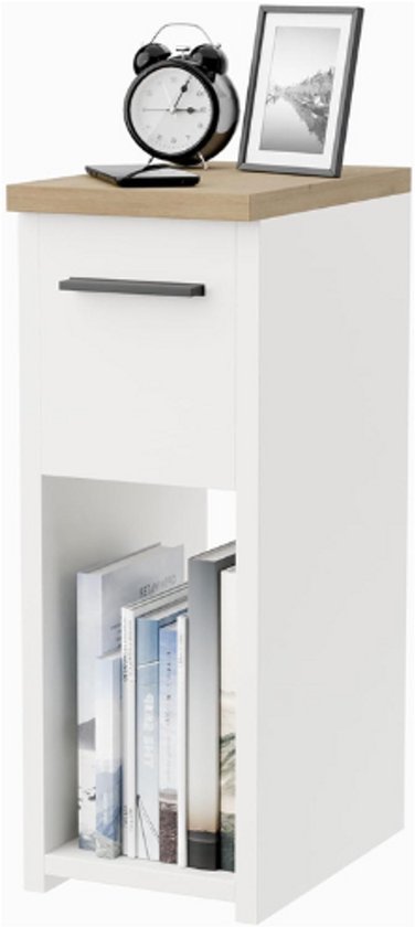 Smalle witte bijzettafel met lade, opbergplank en houten blad. Een wekker en ingelijste foto staan erop.