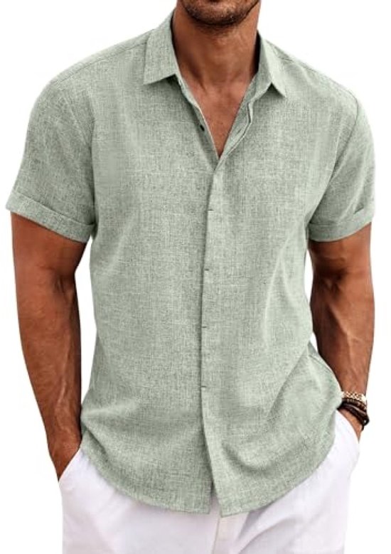 Linnen hemd voor heren - Korte mouwen - Button-down - Regular fit - Vrijetijdshemd - Zomer - Strand - Lichtgroen - XL