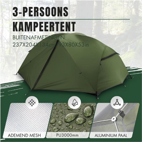 kampeertent 2-3 personen, 2 deuren ventilatie dubbellaagse waterdichte lichte backpacktent met draagtas, 3-4 seizoenen, eenvoudig op te zetten, ideaal voor kamperen, wandelen en buiten. — afbeelding 5