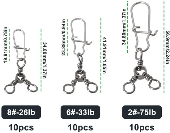 Store_8 - 30 Stuks 3-Weg Swivel Snaps - Triple Swivels voor Vissen - Perfect voor verschillende vistechnieken - Maten #2, #6, #8 - Betrouwbare viss... — afbeelding 2