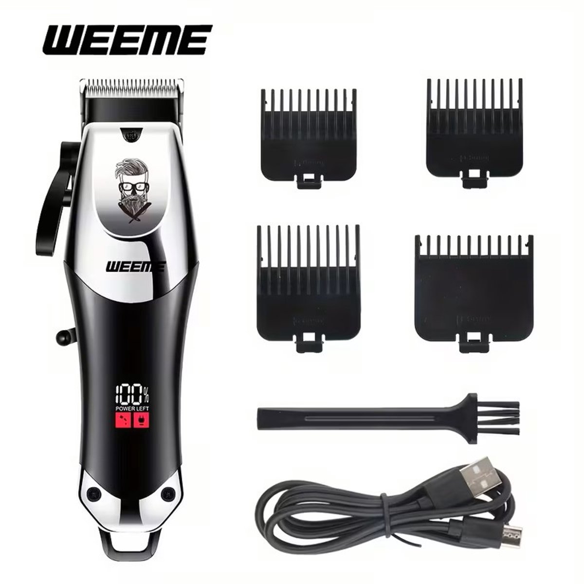 WEEME Clipper - Digitale Tondeuse - 3x 0.5mm Ingebouwde modi's/standen + 4x Opzetstukken - Usb Oplaadbare Scheerapparaat voor Gezichtshaar, Hoofdhaar en Lichaamshaar - Digitale Batterij Indicator - Kleur: Zilver