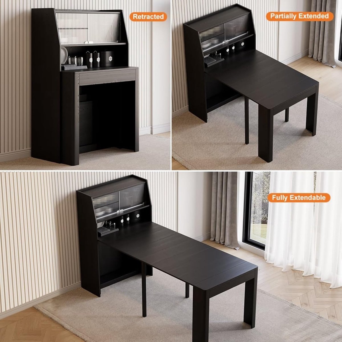 Uitschuifbare Eettafel met Dressoir & Glazen Deur 180 cm – Multifunctionele 3-Standen Tafel met Opbergruimte (85 x 180 x 128 cm) voor 2-6 Personen, Modern Zwart Design