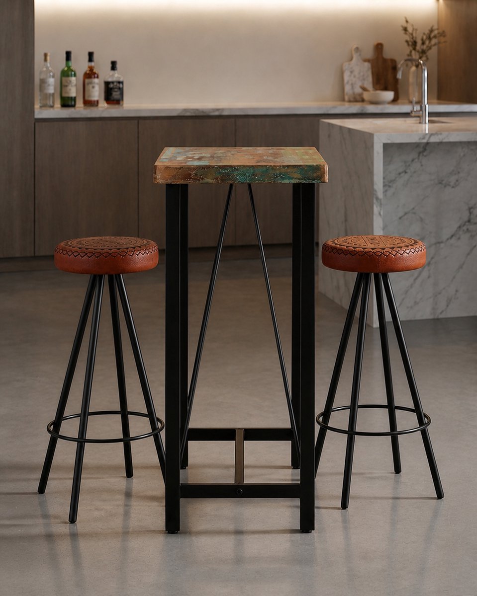 Industriële 3-delige Barset van Massief Gerecycled Hout en Echt Leer – Luxe Keuken- en Eetkamer Meubelset – Robuust, Stijlvol en Duurzaam – Ganeey