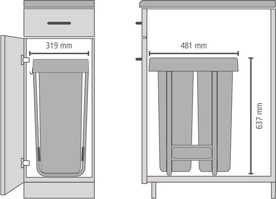 Technische tekening van een Brabantia inbouwprullenbak met afmetingen.