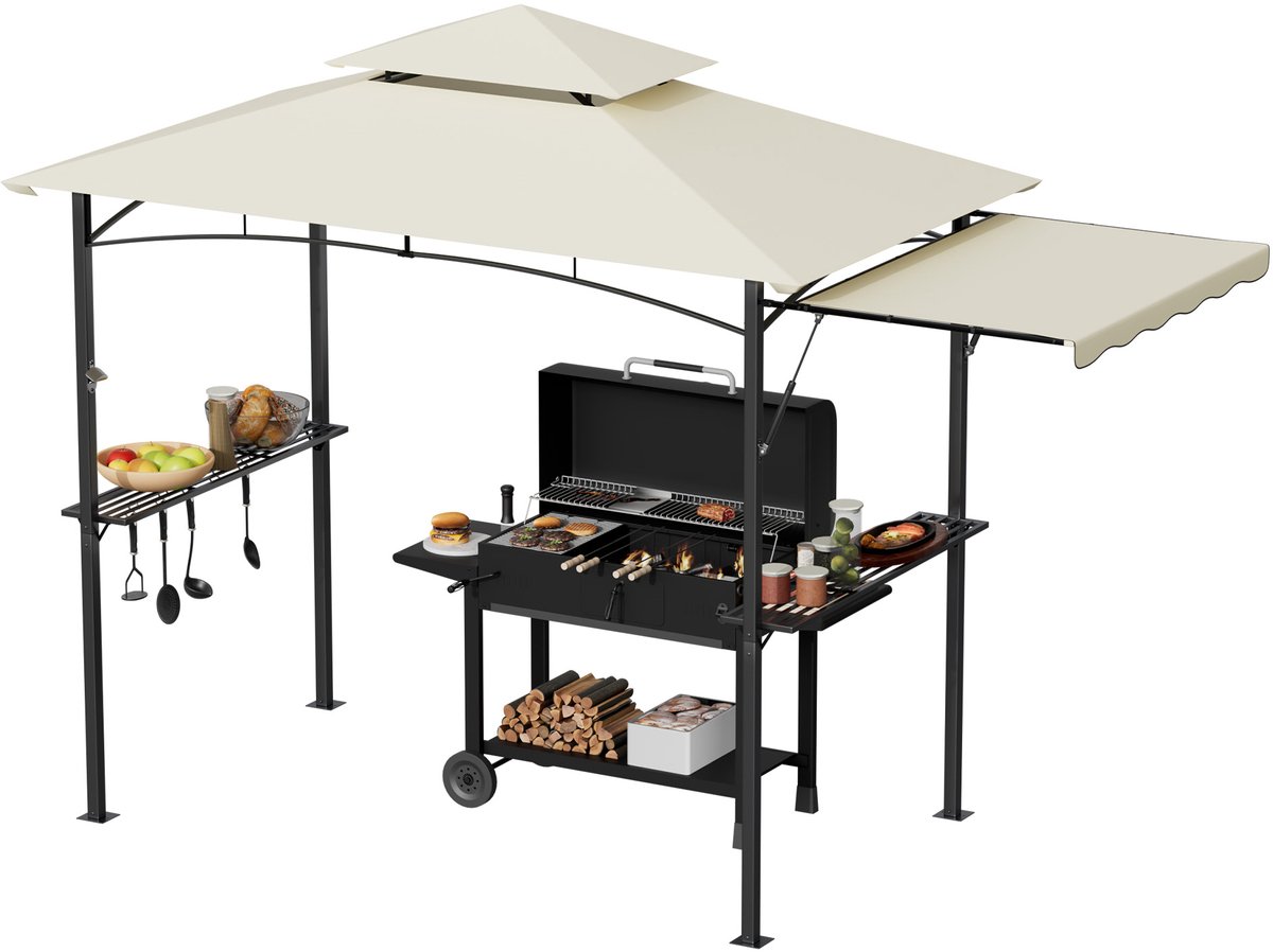 ACXIN BBQ Overkapping Grill Overkapping Tuinpaviljoen met Uittrekbare Zijluifel - Grill Shelter met Planken, Haken en Flessenopener - Dubbel Dak Ventilatie Rookafvoer - 245x141x253 cm - Beige