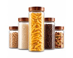 Bangosa Glazen Voorraadpotten Acacia Deksel – Voorraadbussen Glas - 650ml | 1000ml | 1750ml – Inclusief Labels & Marker – Luchtdicht – 5 sets