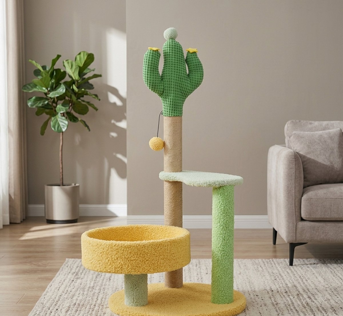 Luxe 4-in-1 Kattenboom – Kattenkrabpaal met Pluche Zitstok, Gezellig Kattenappartement & Dansende Speelbal – Compacte Kattentoren met Sisal Krabpalen – Binnen Kattenmeubel voor Spelen, Slapen & Krabben - Ganeey