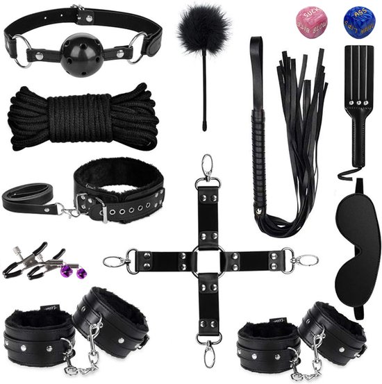 DOWO® - BDSM Extreme Bondage Set - 16 Delig - Erotische Dobbelsteen - SM Handboeien - Zweep / Veer / Zweepje - Sex Toys voor Koppels - Seksspeeltjes voor Mannen en Vrouwen - Sex Pakket en Toys - Zwart