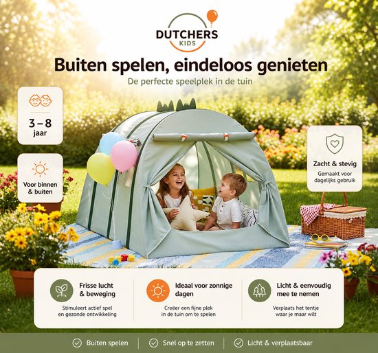 Dutchers® Dinosaurus Speeltent - Kindertent - Speelhuis - Tipitent - Speelhuisje - Tent - Binnentent - Speelhuisje van Oxford-stof voor binnen & buiten - Groen van Merkloos — afbeelding 2