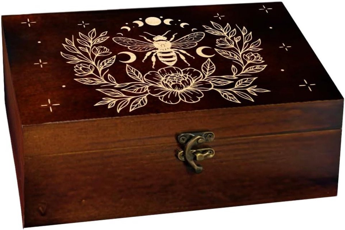 Houten Aandenken Doos - Opbergkistje Decoratie - Sieraden Kaarten - Rustiek Bijenbloem Patroon - 24 x 14 x 9 cm