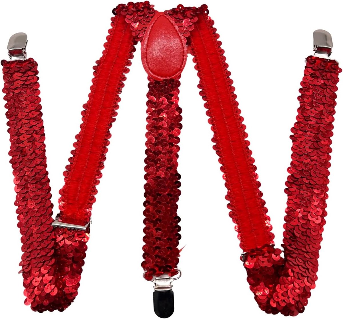 Unisex Sequin Suspenders met Elastische Y-Back en Sterke Clips voor Kostuumaccessoires - Rood, One Size, Perfect voor Feestjes en Evenementen