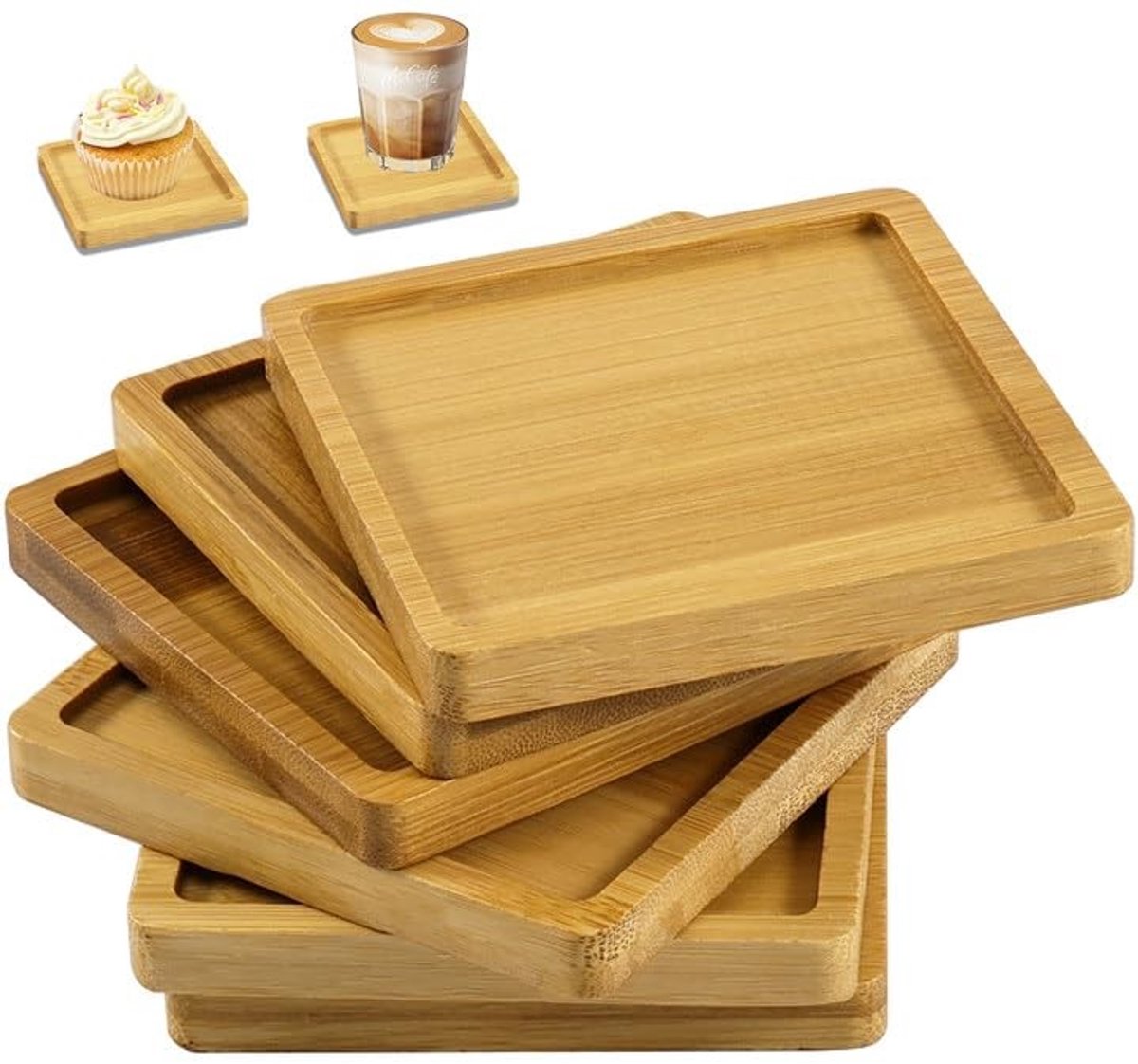 Dailygoods - Set van 6 Bamboe Dienbladen Mini Vierkant 9 cm