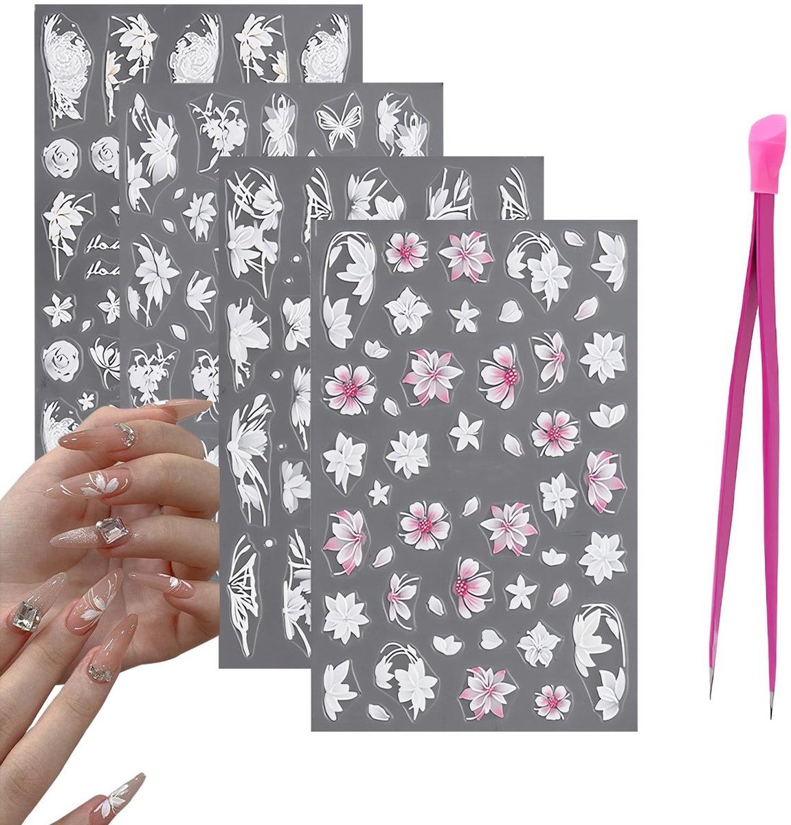 Dailygoods - Set van 4 3D Nagelstickers met Lentebloemen