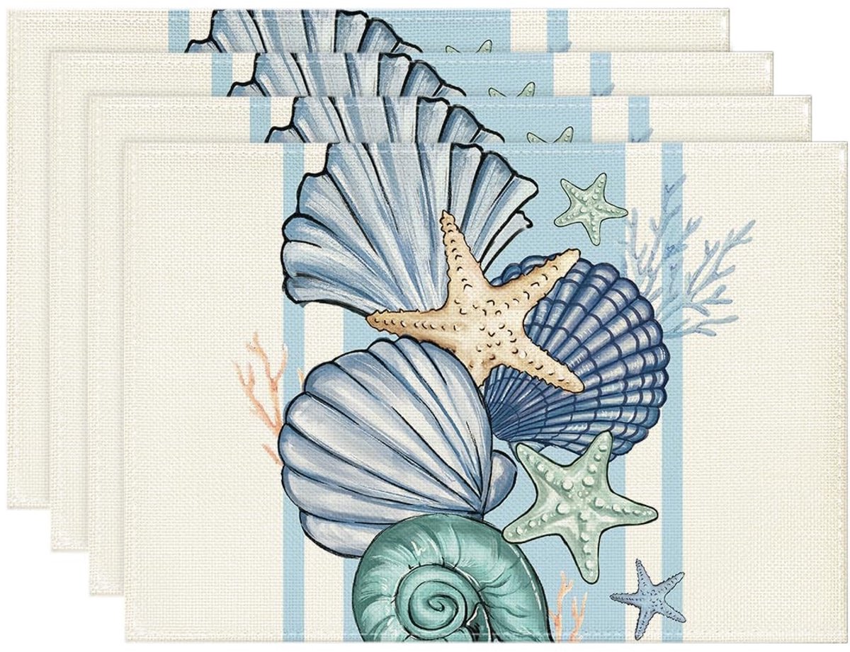 Dailygoods - Cosensi - Set van 4 Wasbare Placemat met Schelpen en Zeesterren