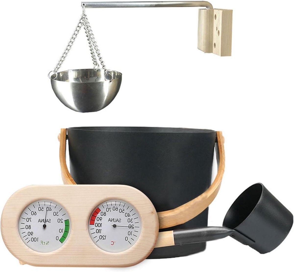 Sauna set - Accessoireset emmer - Sauna verrijken - Compleet met toebehoren - 7 liter emmer - Zwart