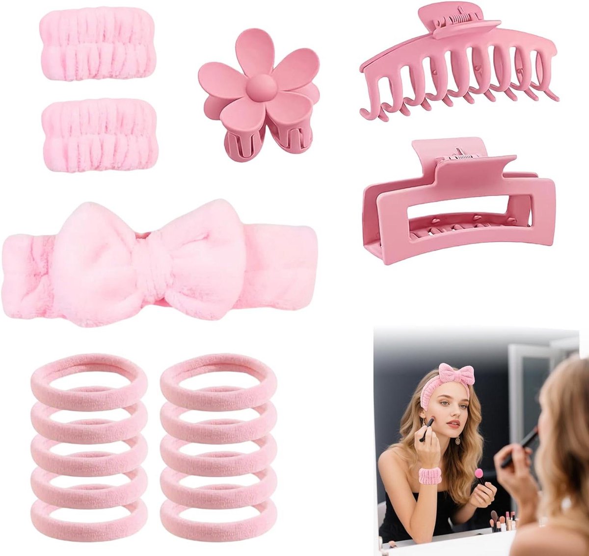 Spa Hoofdband Set - Make-up Accessoires - Gezichtsverzorging Thuis - Zeer Absorberend Materiaal - 16 Delig - Roze
