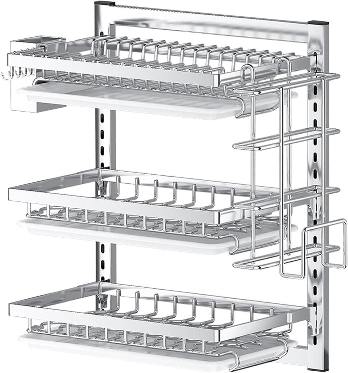 Wandrek Keuken - Afdruiprek 3 Niveaus - Keukengerei Drogen - Installatie Zonder Boren - 36x25.5x40.5 cm - Zilver