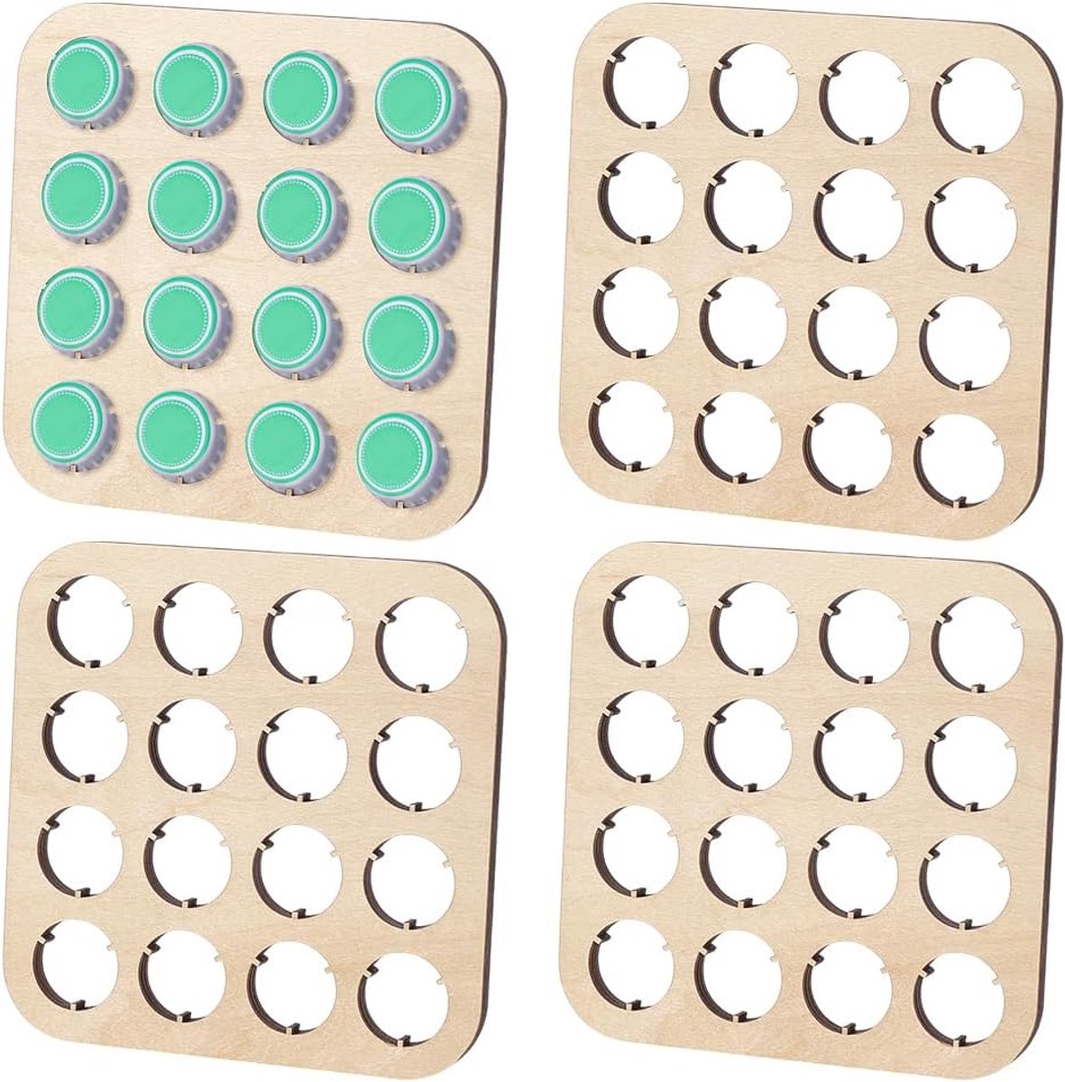 Houten Bierkapselverzamelaar 4 Stuks - 16-Vakken Displaystandaard 11 x 11 cm - Vierkant Decoratief Onderzetje voor Bierkapsels - Ideaal voor Verzamelaars, Thuisdecoratie en Barpresentatie